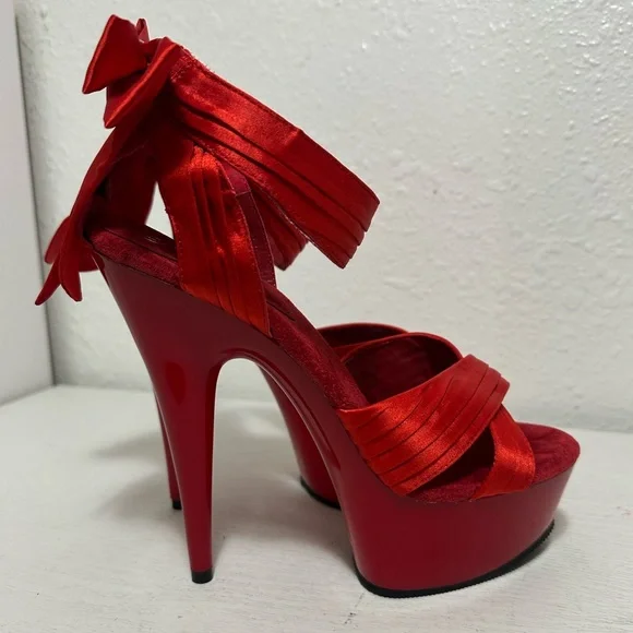 Pleaser delight Red Satin Platform Ankle-Tie High Heel Sandal - Picture 5 of 12
